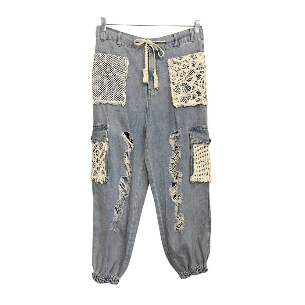 POL Cargo Joggers M Blue Denim Lace Crochet Distressed Boho Cottagecore Hippie